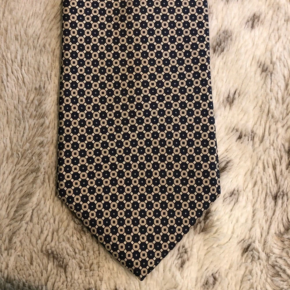 Tommy Hilfiger Silk Tie - Navy Tan Cream Small Octagon Shape Repeat Design